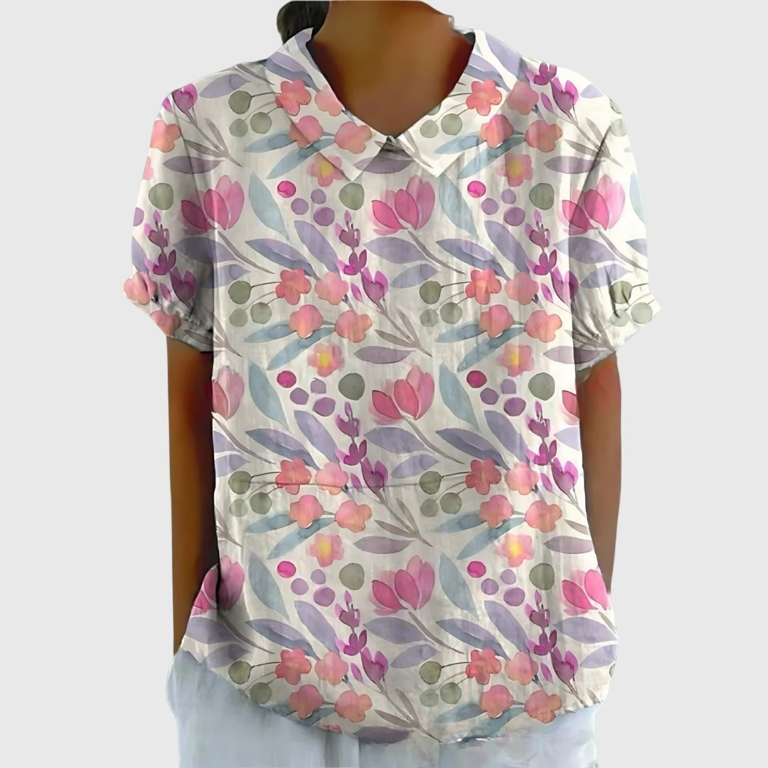 Zyelle | Women's Floral Print Short Sleeve Collared Blouse