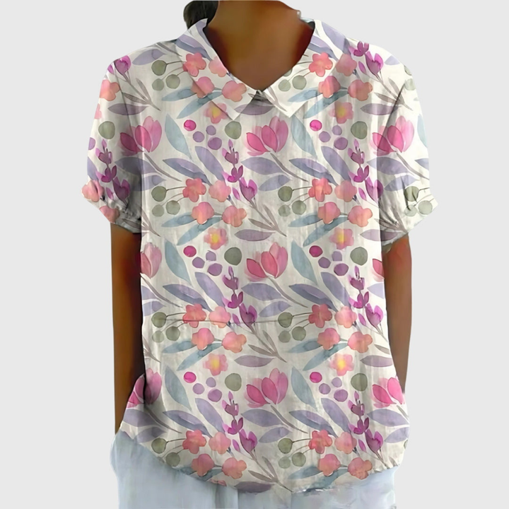 Zyelle | Women's Floral Print Short Sleeve Collared Blouse