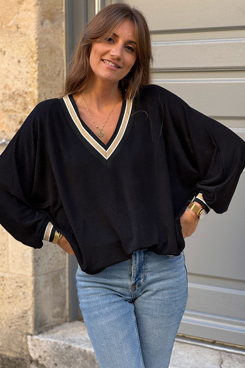 Top stretch and wide black lurex with shiny V-neck