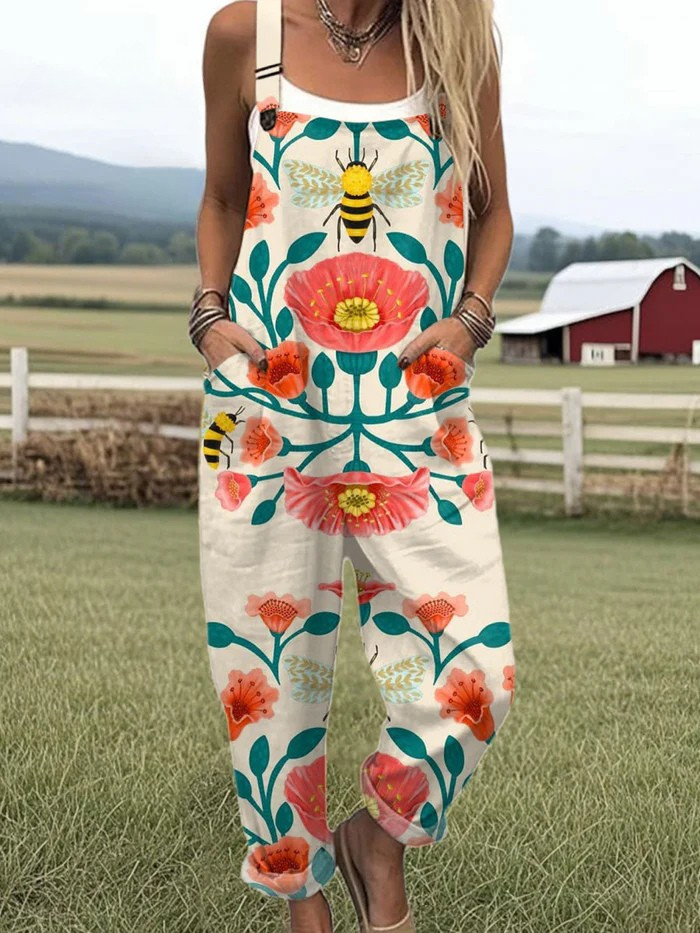 Meliora | Women's Folk Floral Bee Printed Dungarees