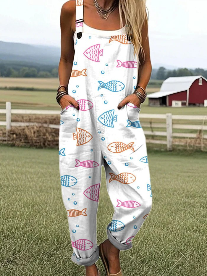 Fenella | Women's Multi-Color Fish Print Dungarees