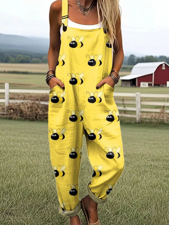 Ylva | Women's Bold Bumble Bee Print Dungarees