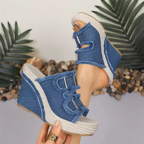 Albion | Women's Frayed Denim Double Buckle Wedge Slides