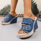 Albion | Women's Frayed Denim Double Buckle Wedge Slides