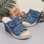 Albion | Women's Frayed Denim Double Buckle Wedge Slides