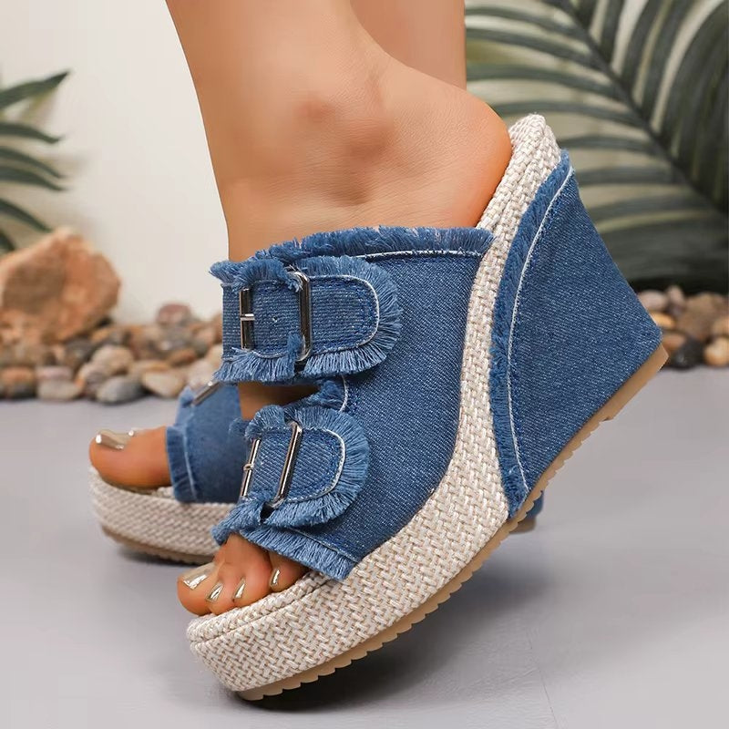 Albion | Women's Frayed Denim Double Buckle Wedge Slides
