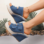 Albion | Women's Frayed Denim Double Buckle Wedge Slides