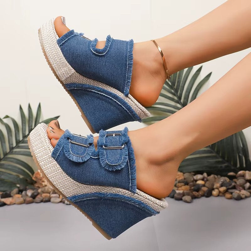 Albion | Women's Frayed Denim Double Buckle Wedge Slides