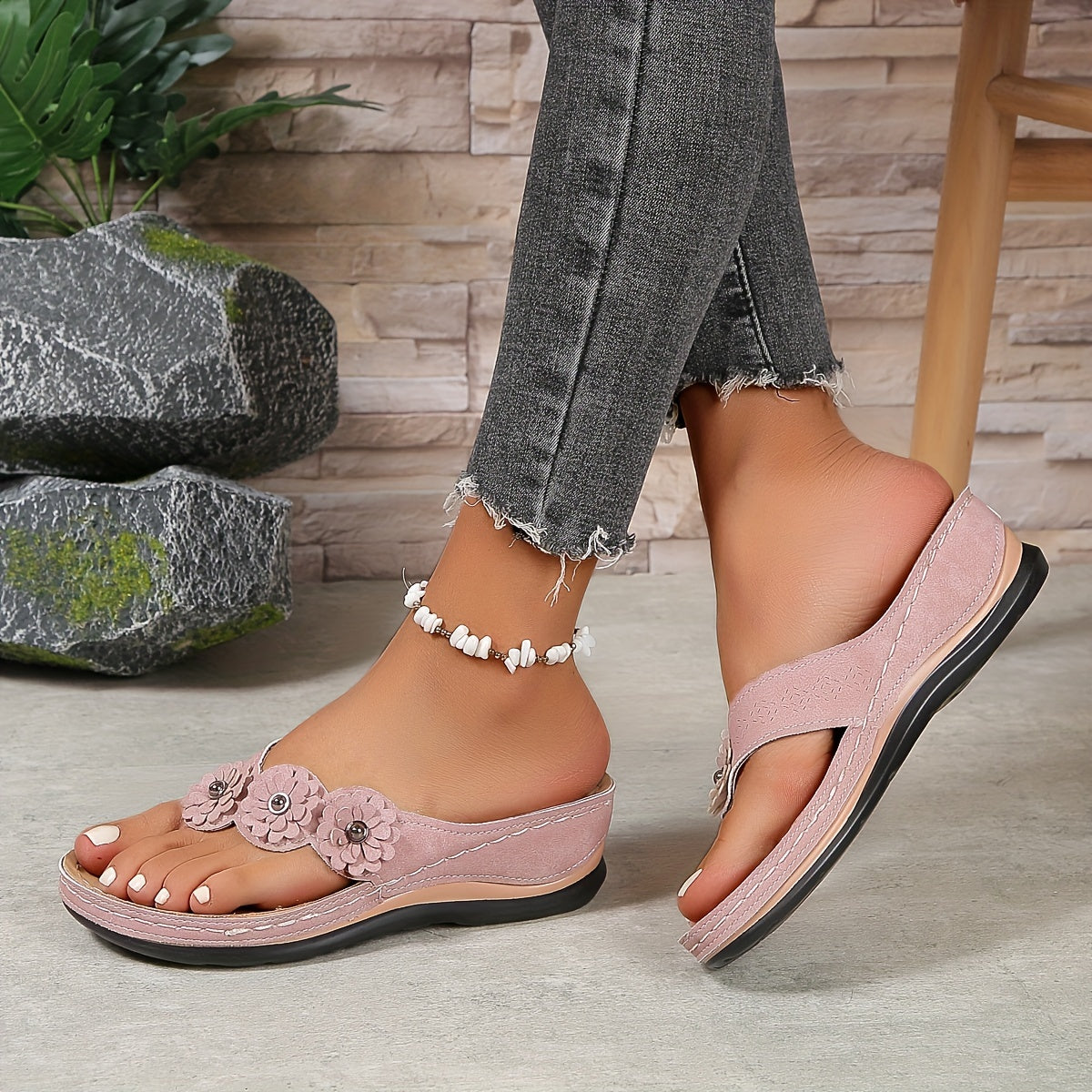 Oleander | Women's Floral Embellished Thong Wedge Sandals