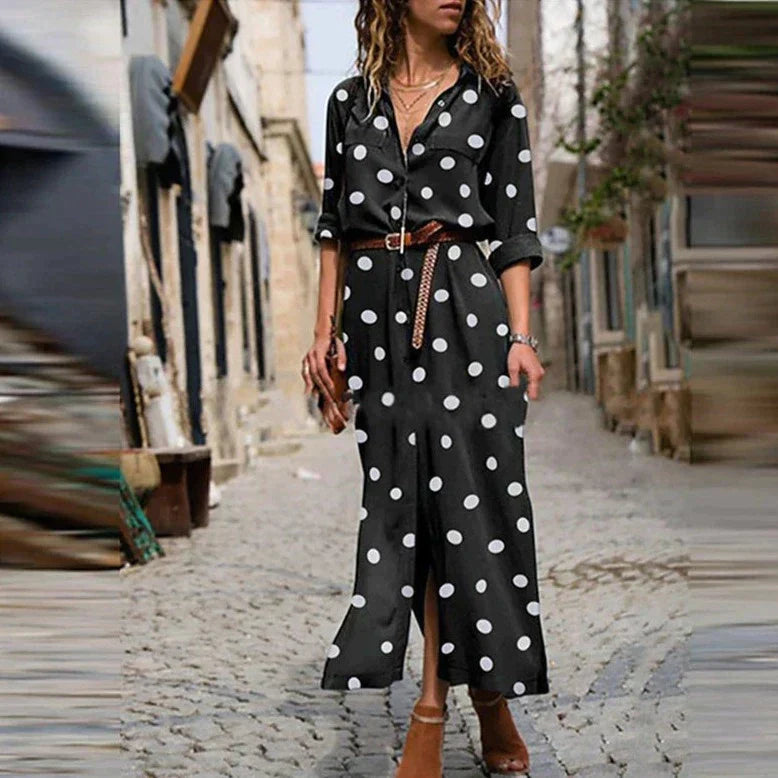 Zephira | Women's Polka Dot Long Sleeve Button-Down Maxi Dress