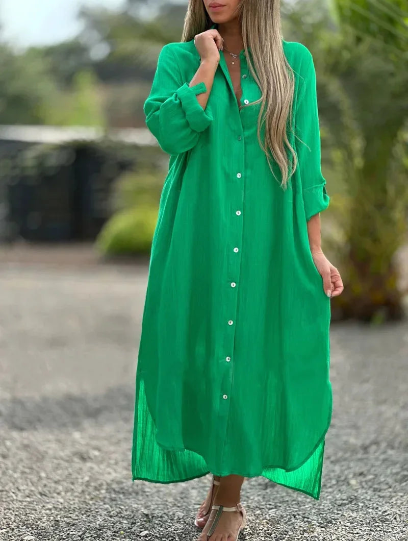 Daisy | Women's Casual Linen Button-Down Shirt Maxi Dress
