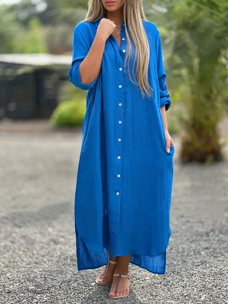 Daisy | Women's Casual Linen Button-Down Shirt Maxi Dress