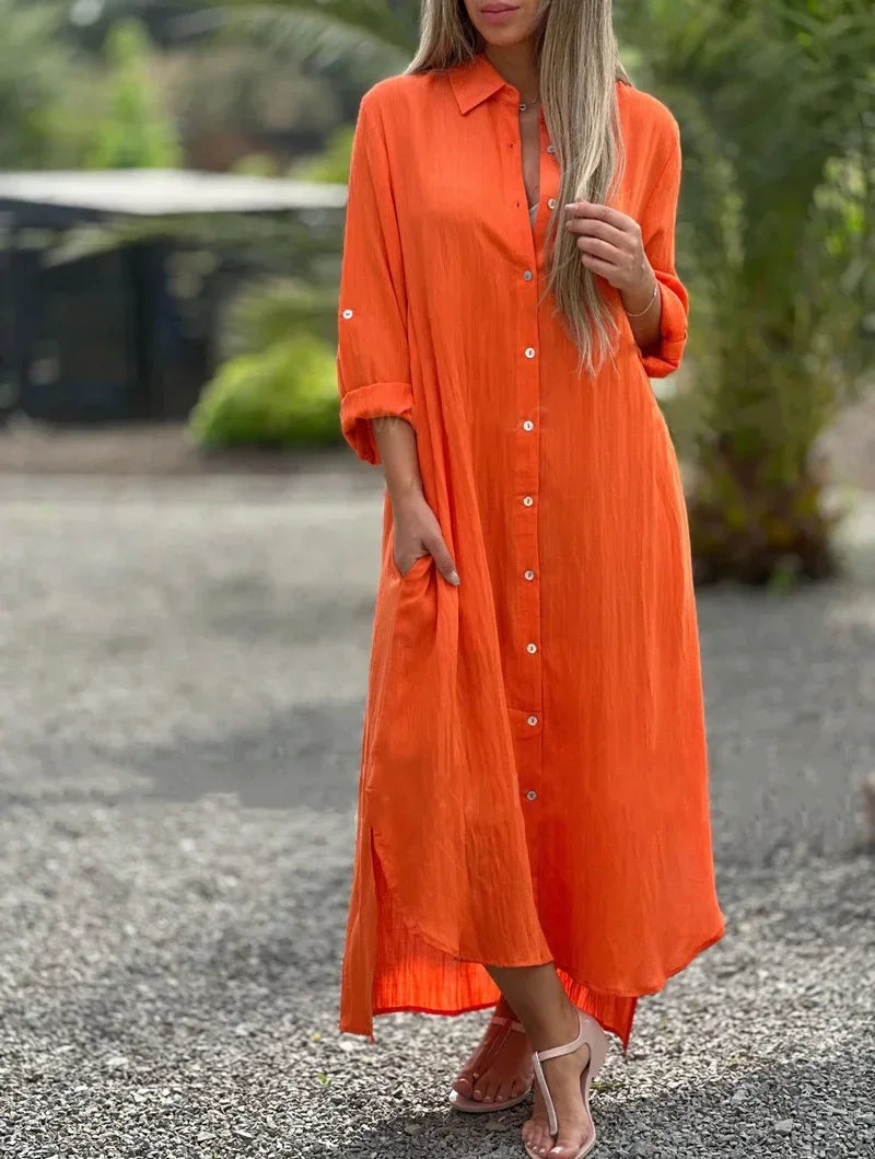 Daisy | Women's Casual Linen Button-Down Shirt Maxi Dress