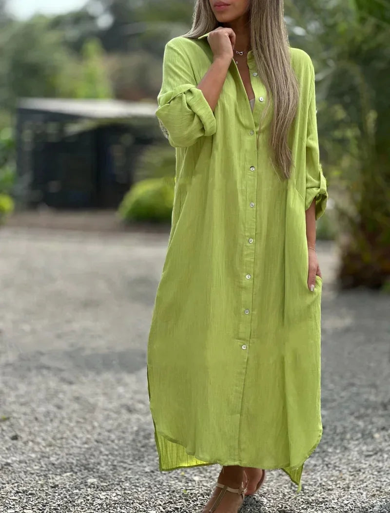 Daisy | Women's Casual Linen Button-Down Shirt Maxi Dress