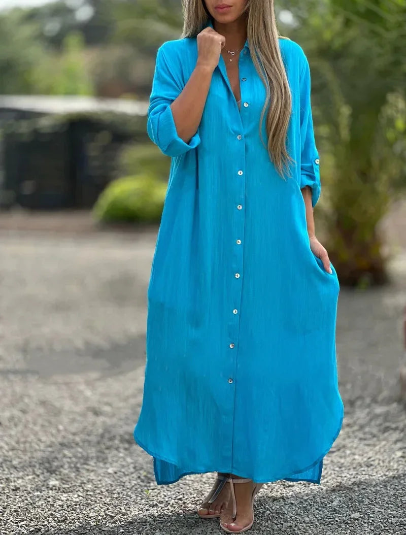 Daisy | Women's Casual Linen Button-Down Shirt Maxi Dress