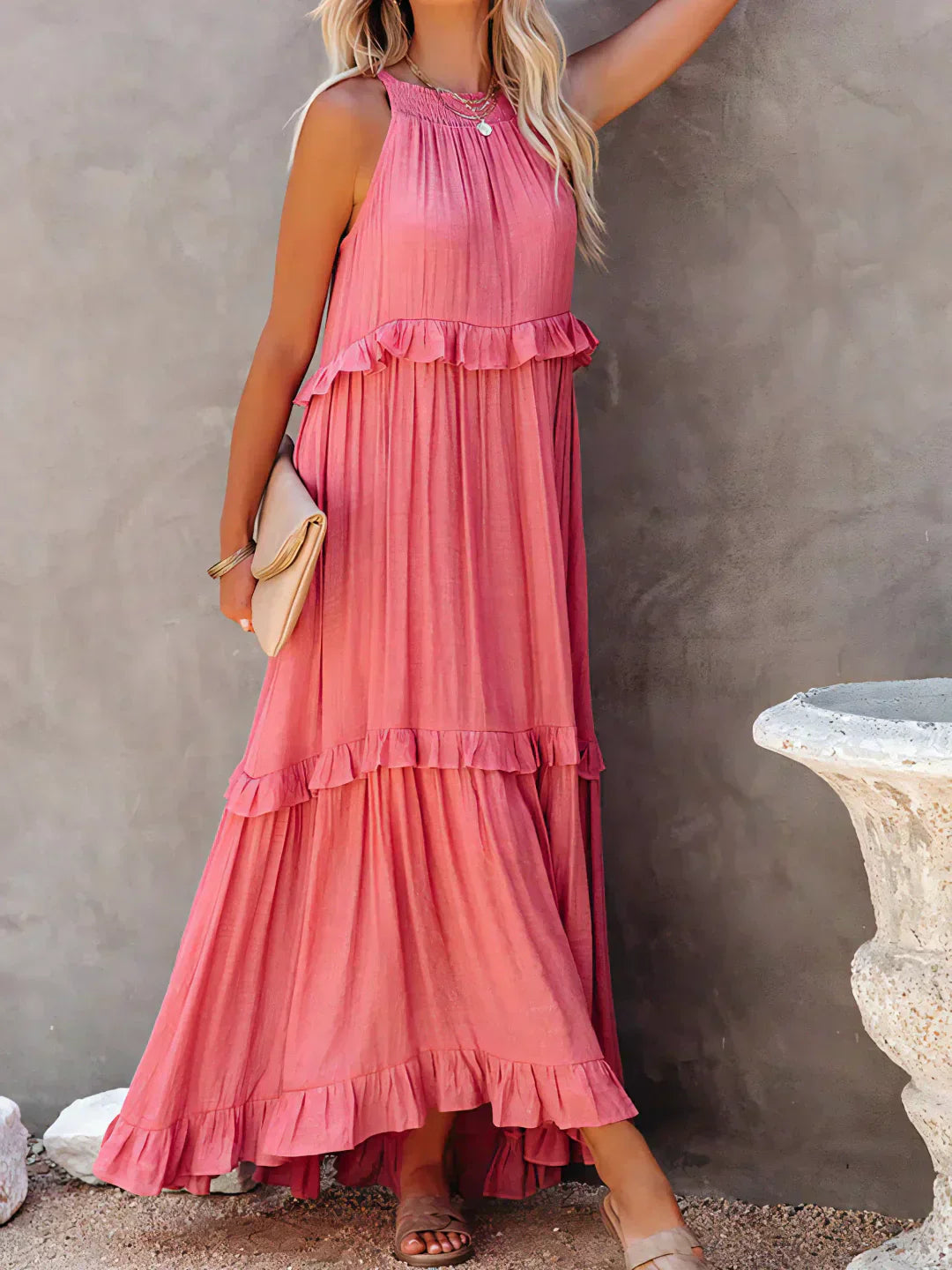 Ferris | Women's Sleeveless Halter Neck Tiered Maxi Dress
