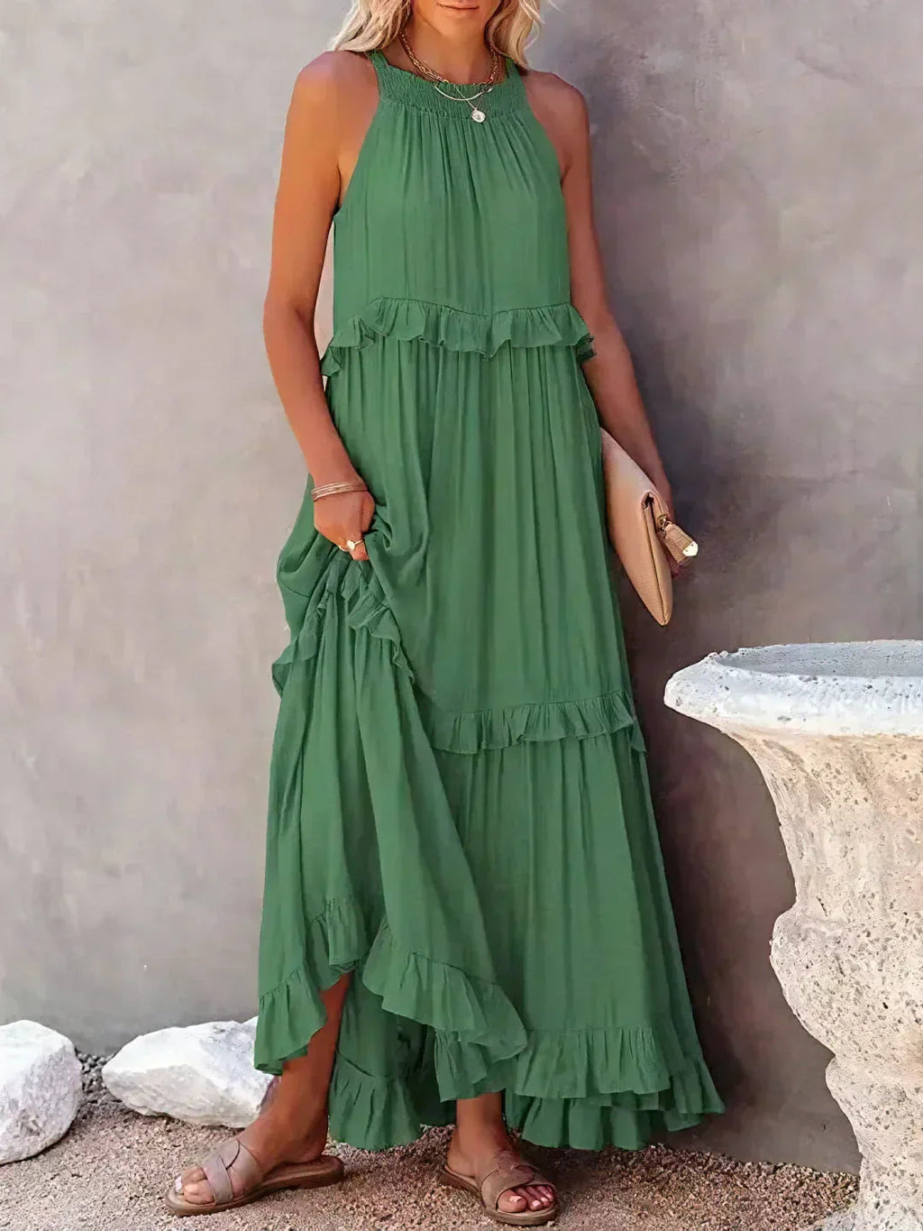 Ferris | Women's Sleeveless Halter Neck Tiered Maxi Dress