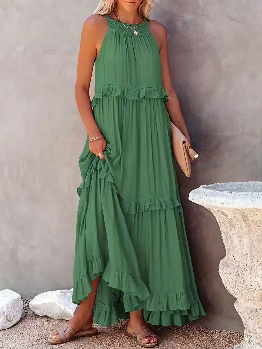 Ferris | Women's Sleeveless Halter Neck Tiered Maxi Dress