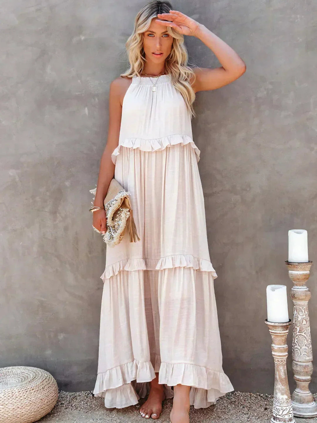 Ferris | Women's Sleeveless Halter Neck Tiered Maxi Dress
