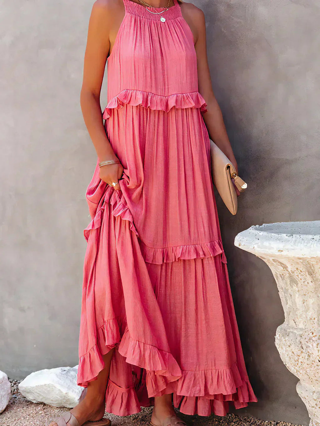 Ferris | Women's Sleeveless Halter Neck Tiered Maxi Dress