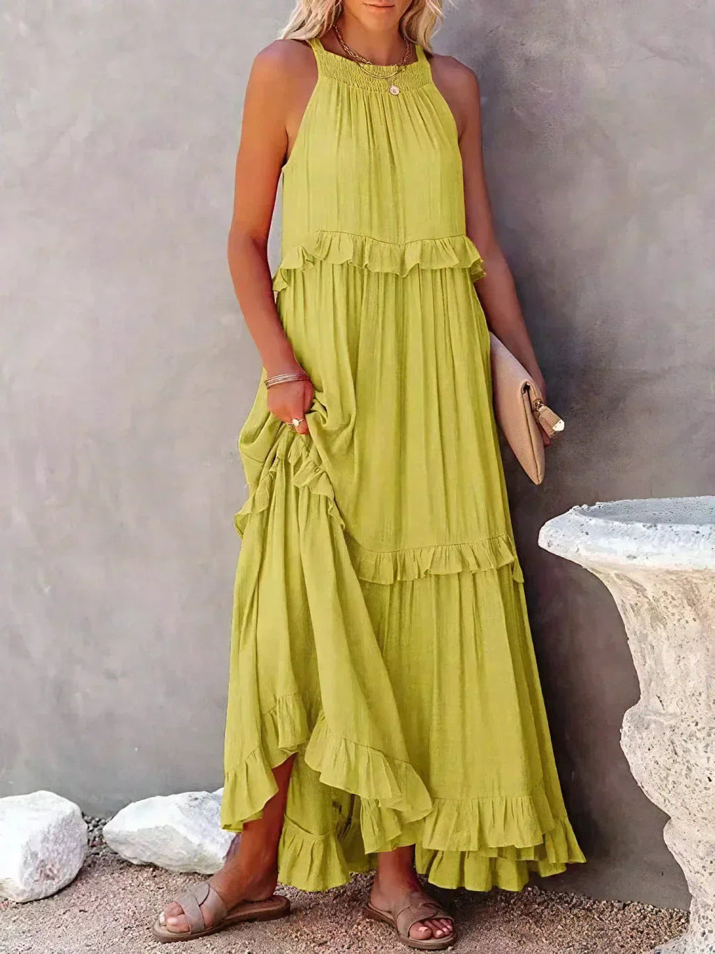 Ferris | Women's Sleeveless Halter Neck Tiered Maxi Dress