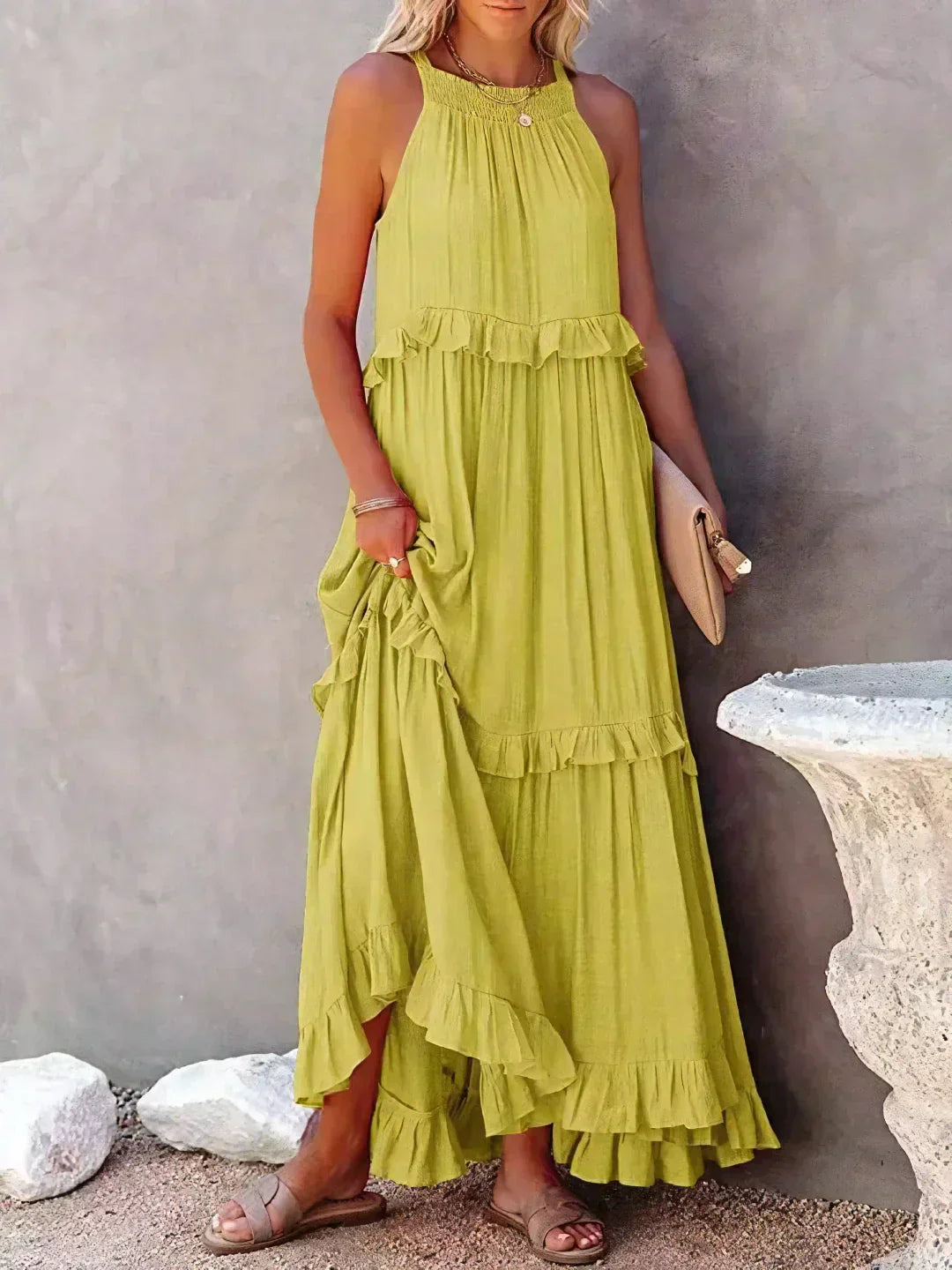 Ferris | Women's Sleeveless Halter Neck Tiered Maxi Dress