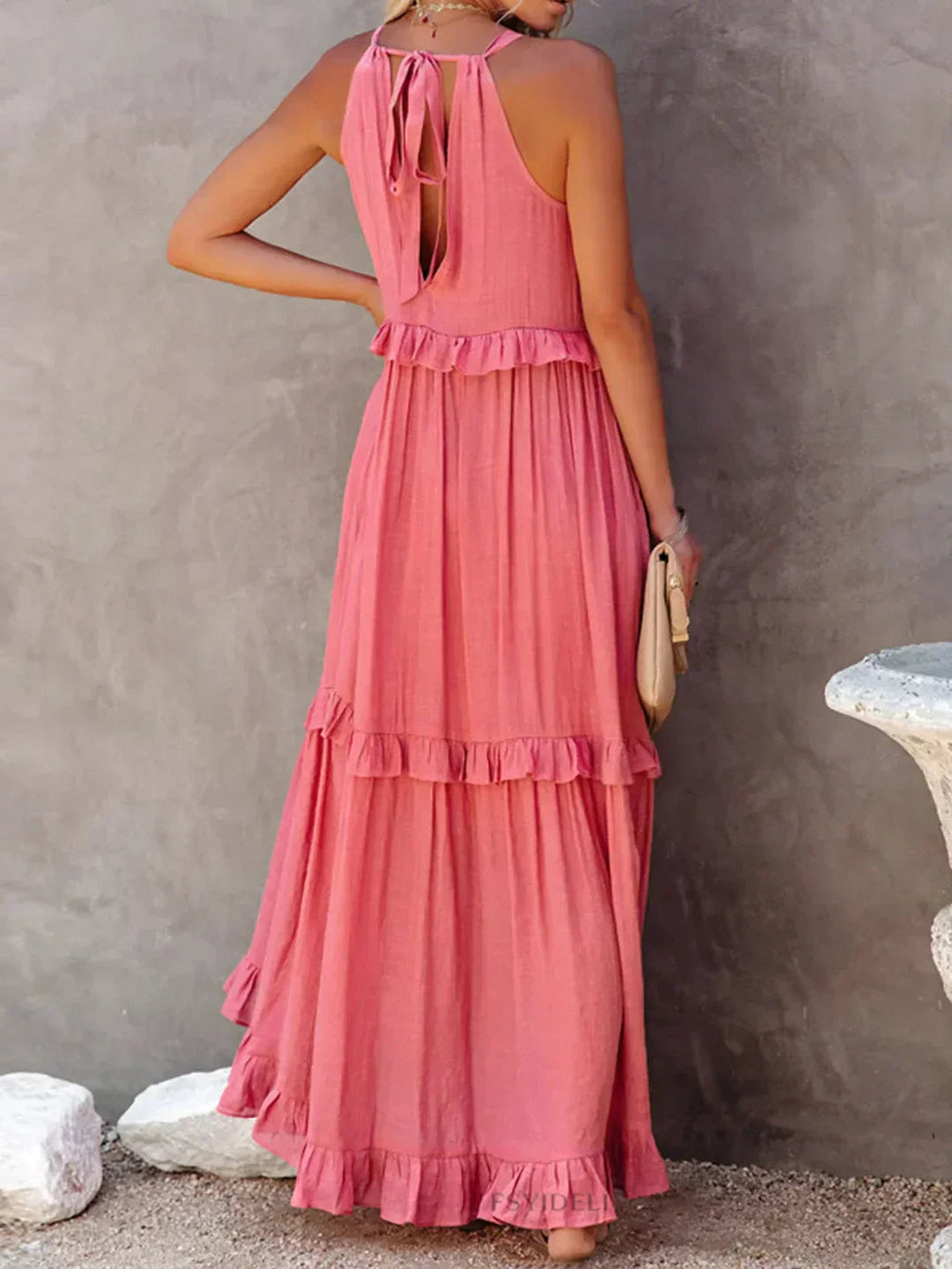 Ferris | Women's Sleeveless Halter Neck Tiered Maxi Dress