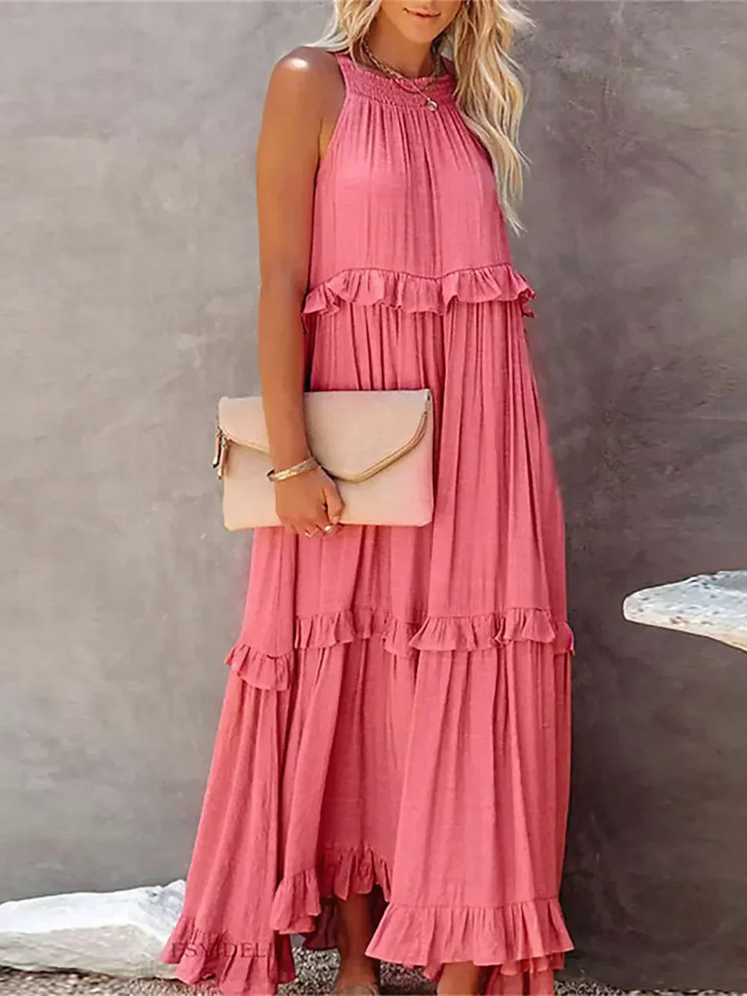 Ferris | Women's Sleeveless Halter Neck Tiered Maxi Dress