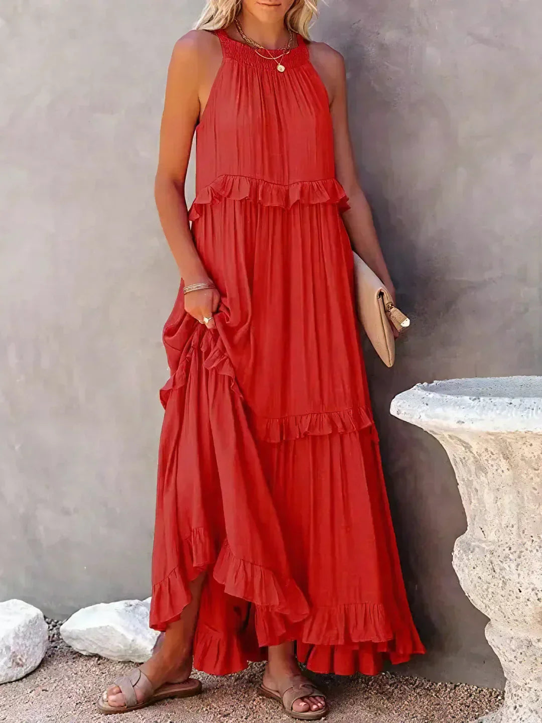 Ferris | Women's Sleeveless Halter Neck Tiered Maxi Dress