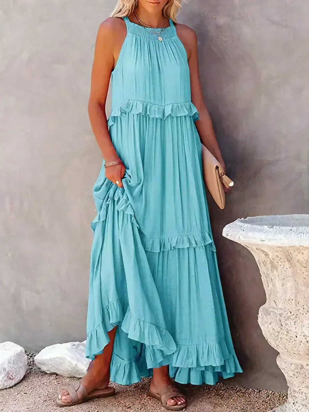Ferris | Women's Sleeveless Halter Neck Tiered Maxi Dress