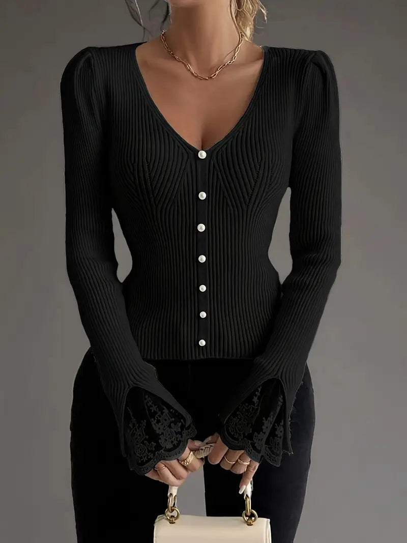 Ribbed Top with V-Neck and Lace Sleeves