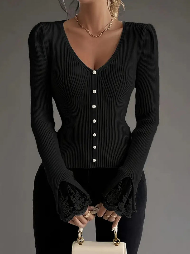 Ribbed Top with V-Neck and Lace Sleeves