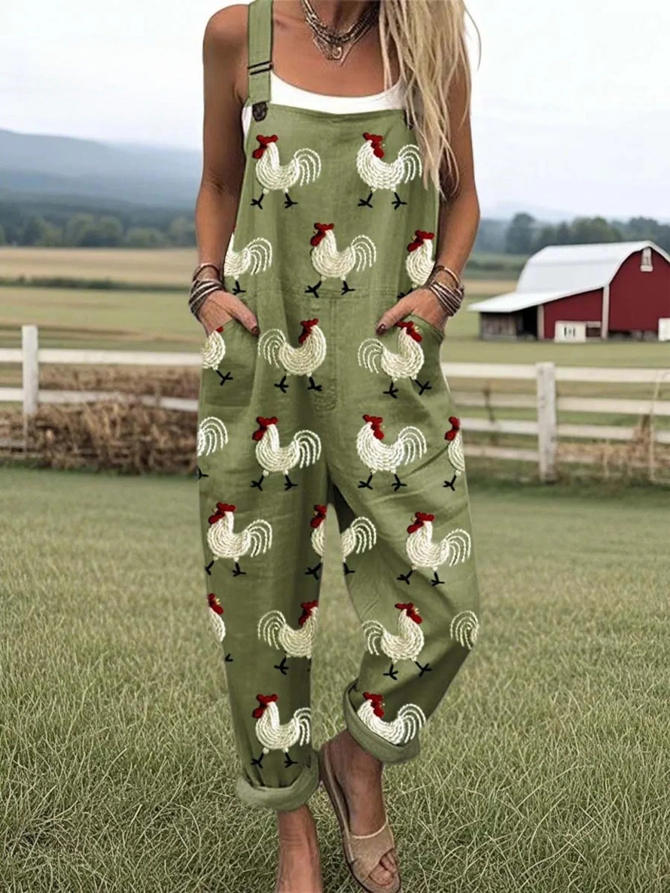 Ione | Women's Rooster Printed Dungarees