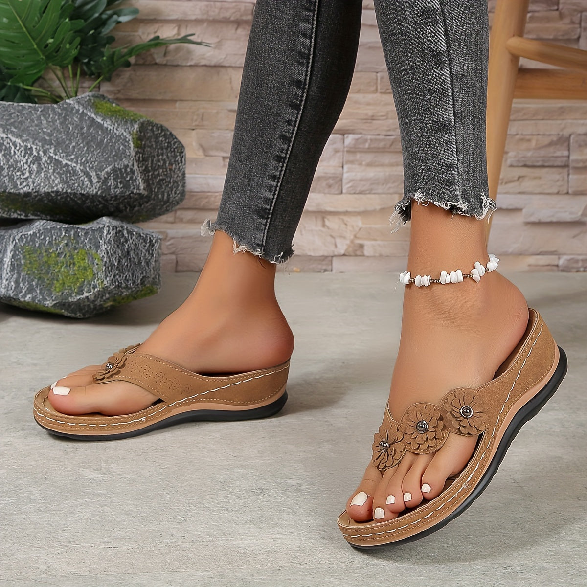 Oleander | Women's Floral Embellished Thong Wedge Sandals