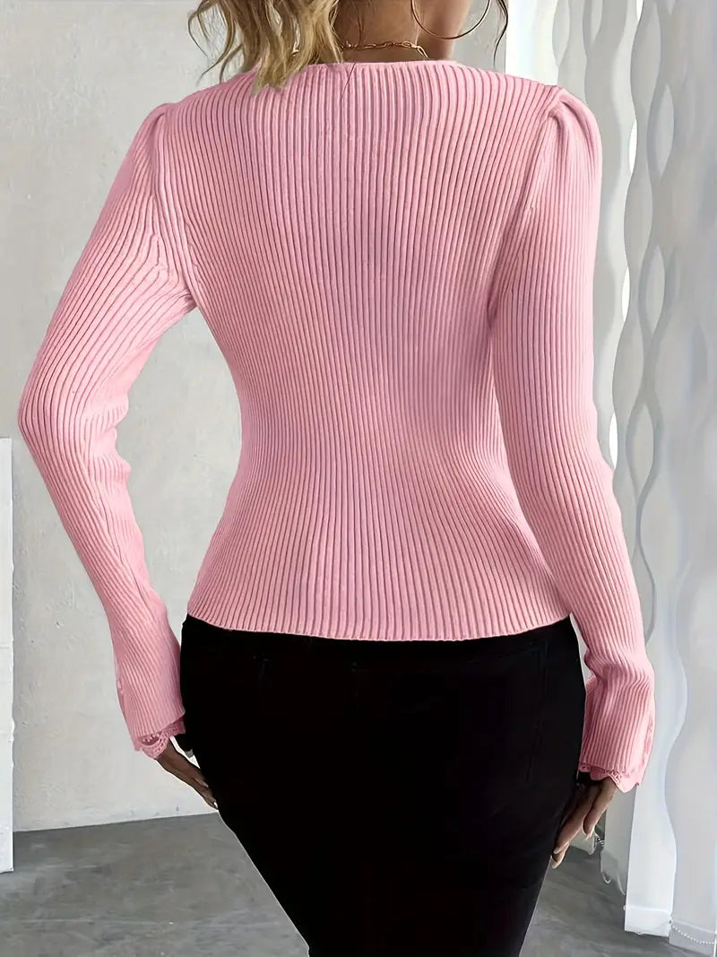 Ribbed Top with V-Neck and Lace Sleeves