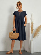 Dorinda | Women's Round Neck Short Sleeve A-Line Summer Midi Dress