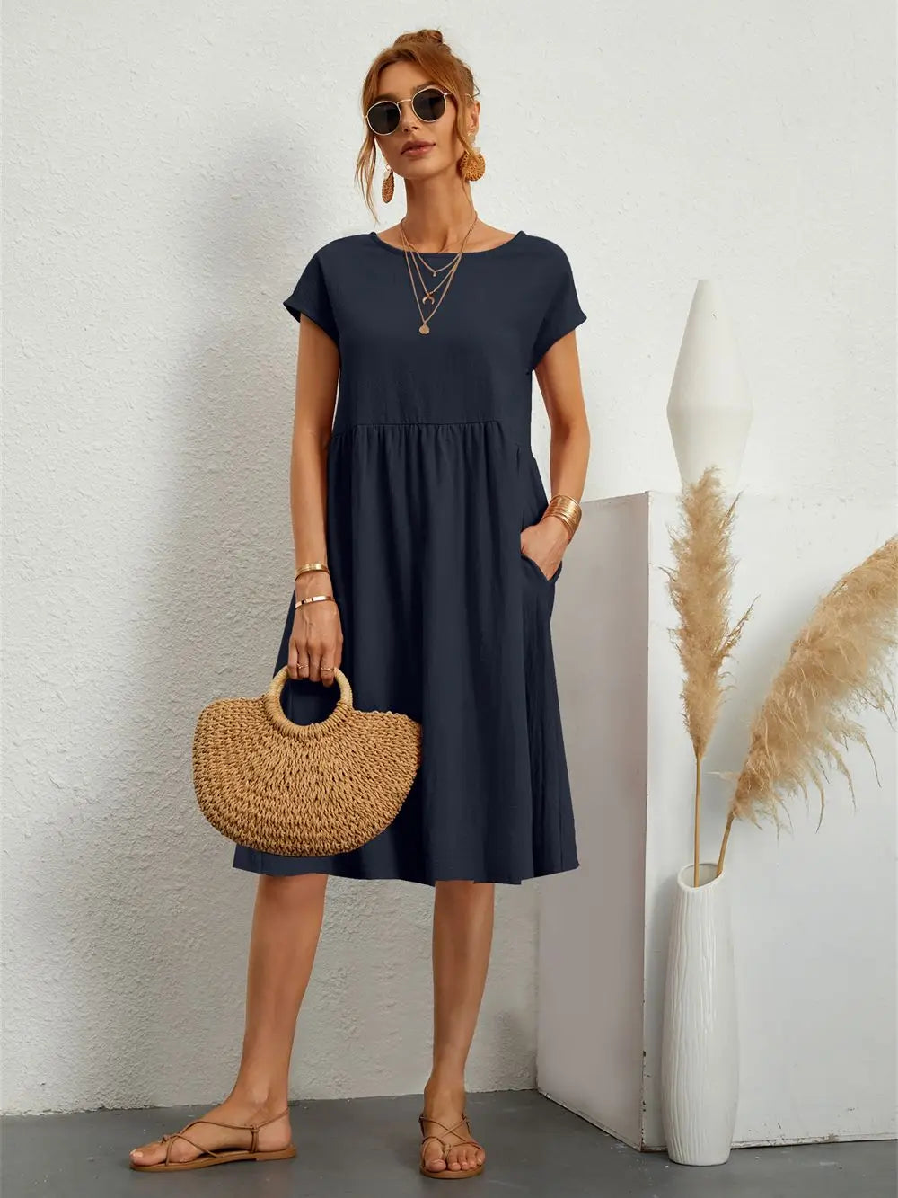 Dorinda | Women's Round Neck Short Sleeve A-Line Summer Midi Dress