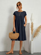 Dorinda | Women's Round Neck Short Sleeve A-Line Summer Midi Dress