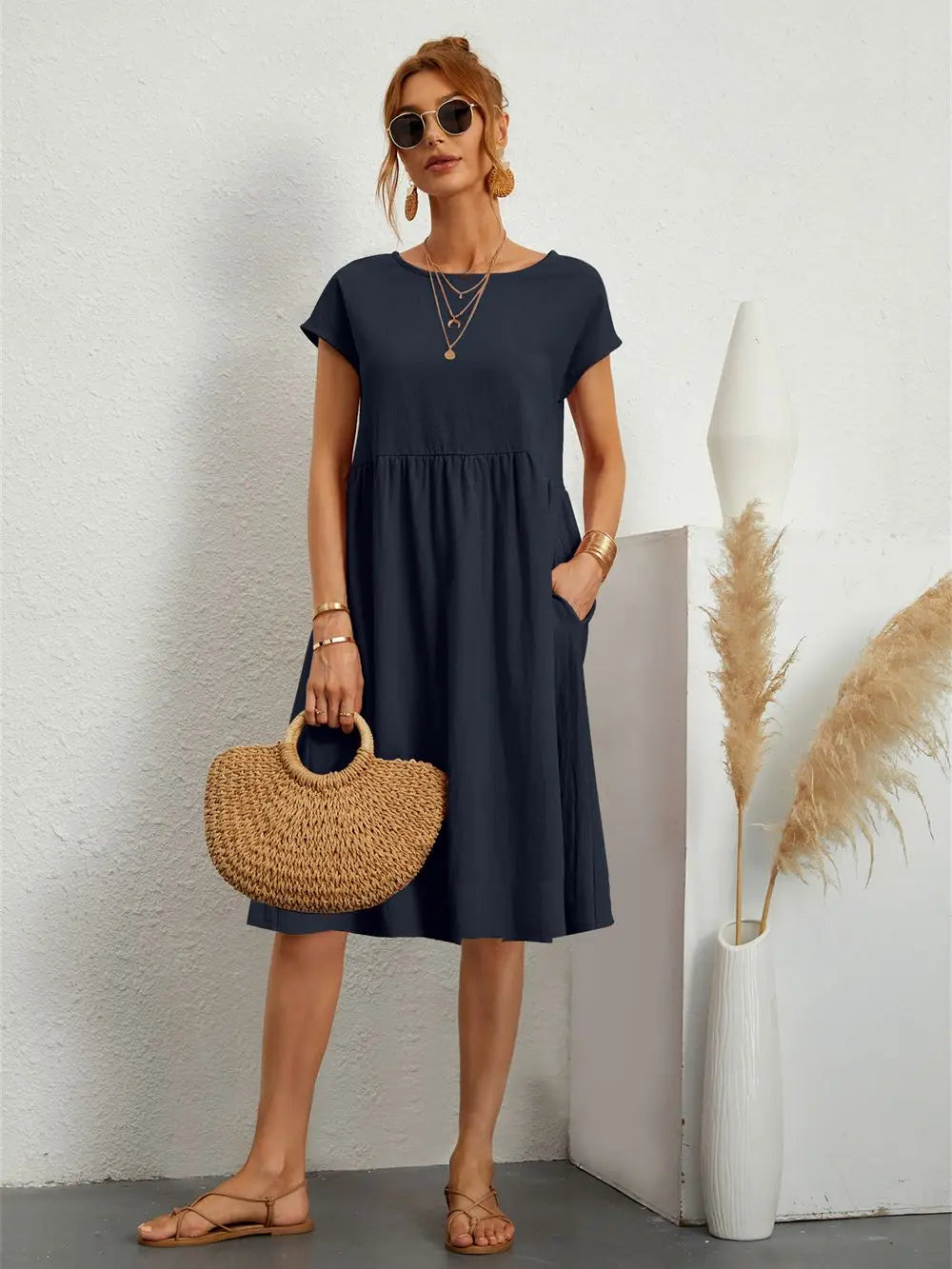 Dorinda | Women's Round Neck Short Sleeve A-Line Summer Midi Dress
