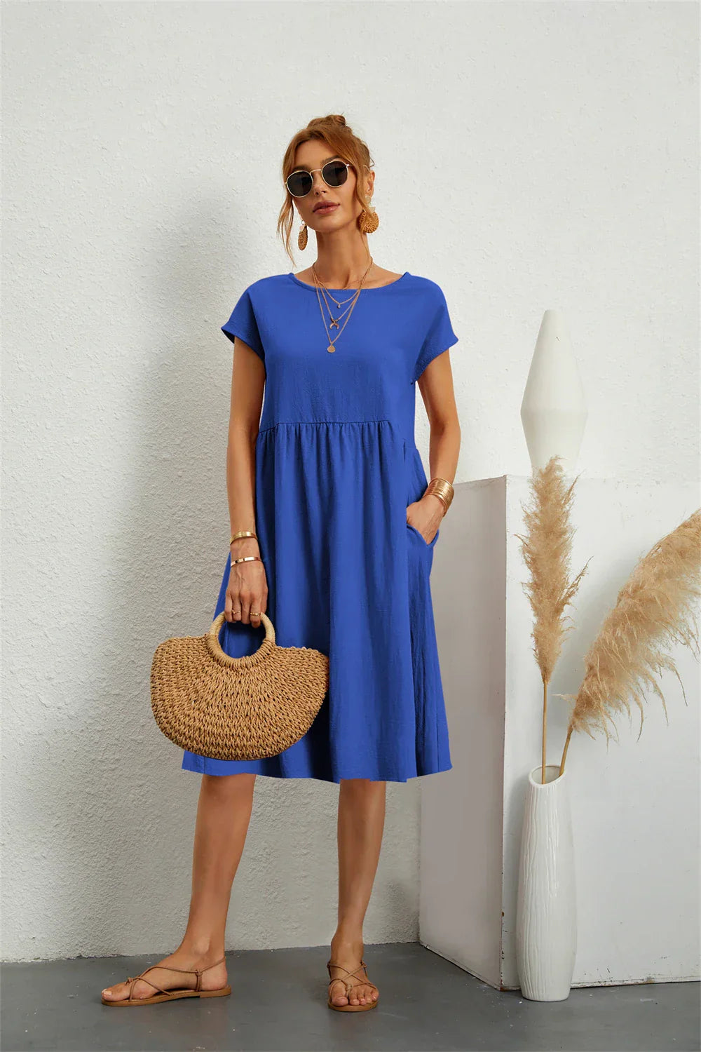 Dorinda | Women's Round Neck Short Sleeve A-Line Summer Midi Dress