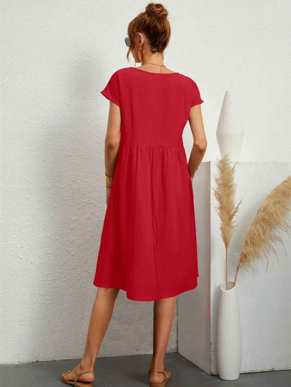 Dorinda | Women's Round Neck Short Sleeve A-Line Summer Midi Dress