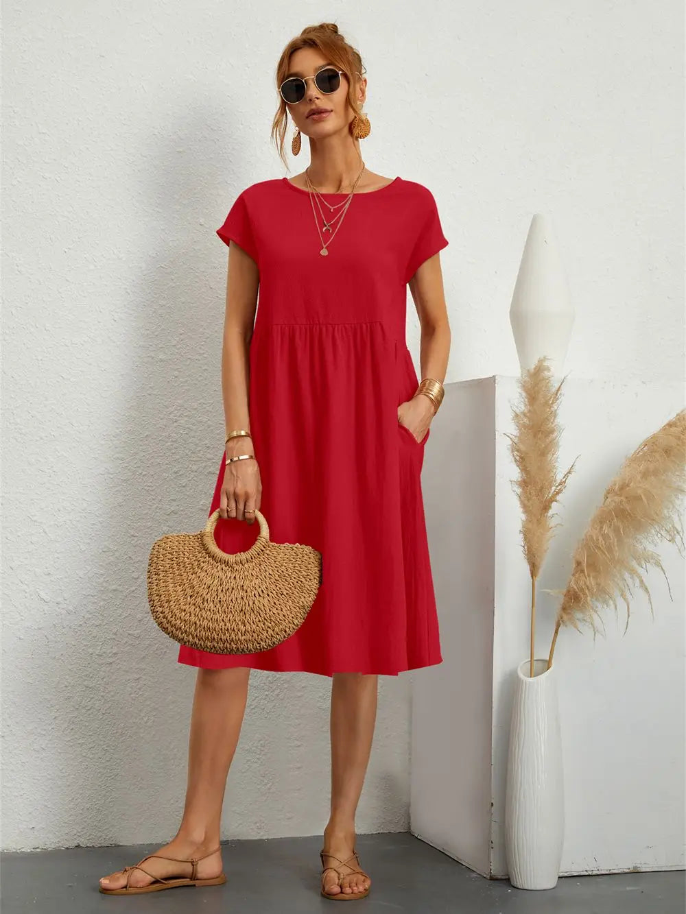 Dorinda | Women's Round Neck Short Sleeve A-Line Summer Midi Dress