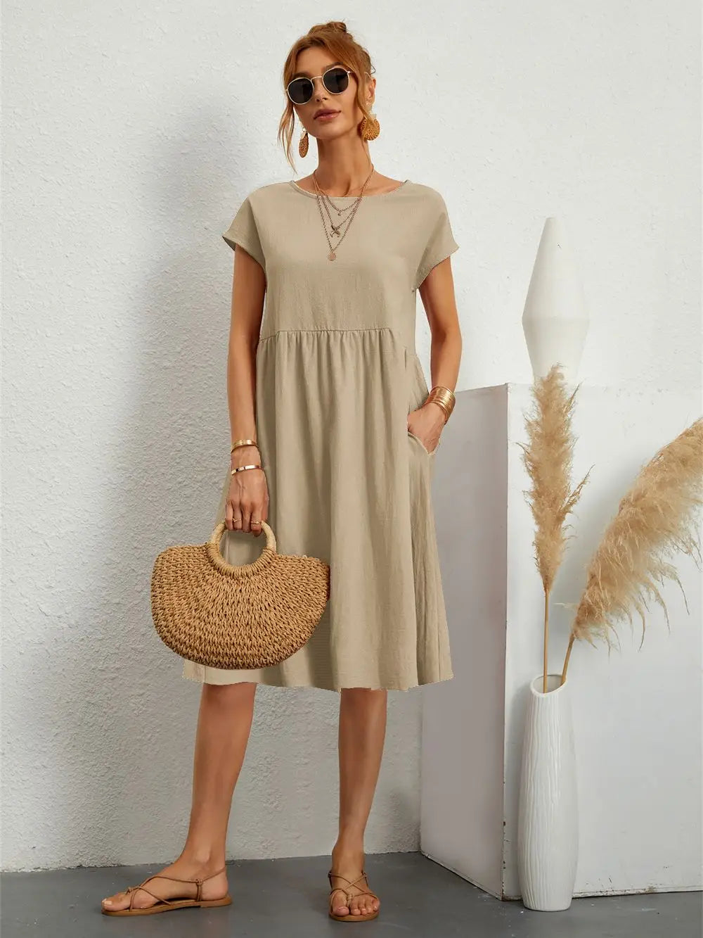 Dorinda | Women's Round Neck Short Sleeve A-Line Summer Midi Dress