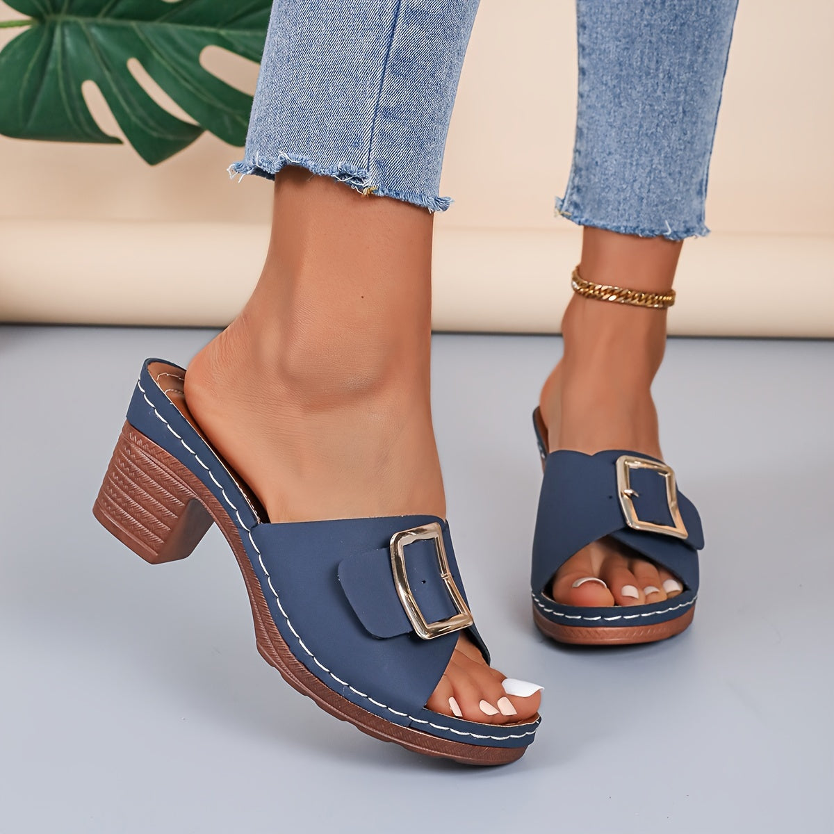 Blythe | Women's Block Heeled Slide Sandals with Buckle Detail
