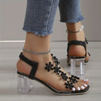 Caius | Women's Floral Crystal T-Bar Clear Block Heel Sandals