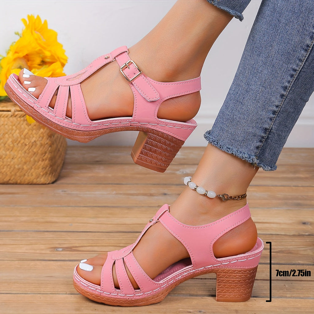 Hildegard | Women's T-Bar Buckle Block Heel Sandals