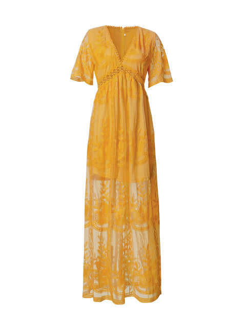 Maevis | Women's Elegant Lace Short Sleeve V-Neck Maxi Dress