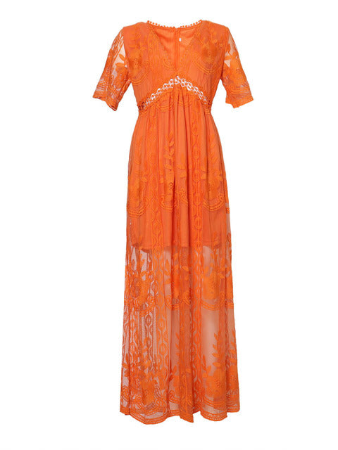 Maevis | Women's Elegant Lace Short Sleeve V-Neck Maxi Dress