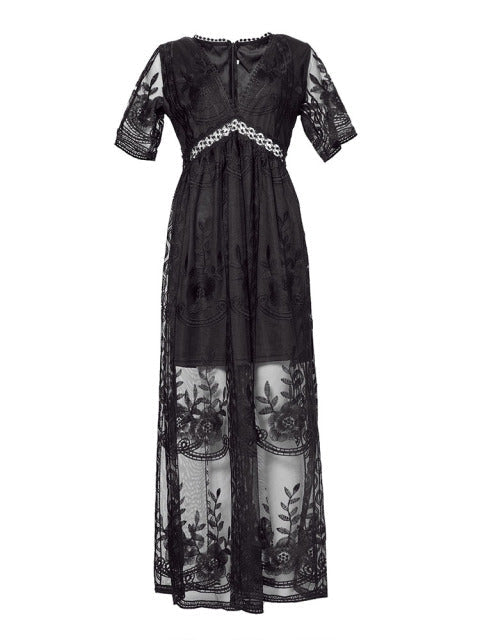 Maevis | Women's Elegant Lace Short Sleeve V-Neck Maxi Dress