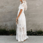 Maevis | Women's Elegant Lace Short Sleeve V-Neck Maxi Dress